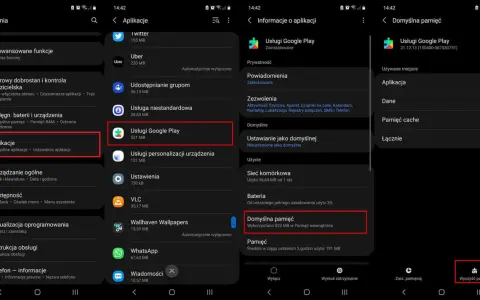 Ekran telefonu z ustawieniami aplikacji Google Play, pokazujący informacje o pamięci i opcję wyczyszczenia.