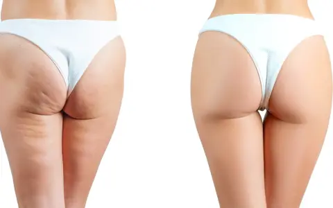 Comparaison avant/après : réduction visible de la cellulite sur les fesses, peau plus lisse et ferme.