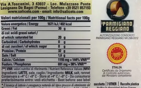 Parmigiano Reggiano: 100g enthalten 1155 mg Kalzium, was 144% des Tagesbedarfs deckt. Ein gesunder Genuss mit viel **Parmesan Calcium**.