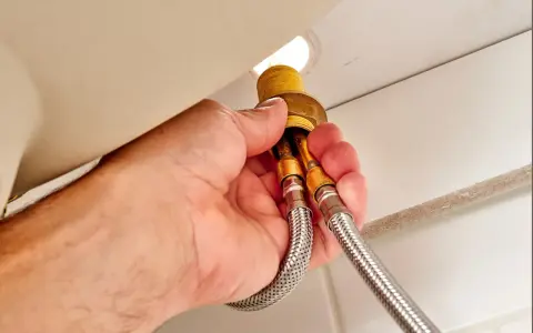 Hands disconnect braided water supply lines from a faucet base, a key step in how to remove kitchen faucet.