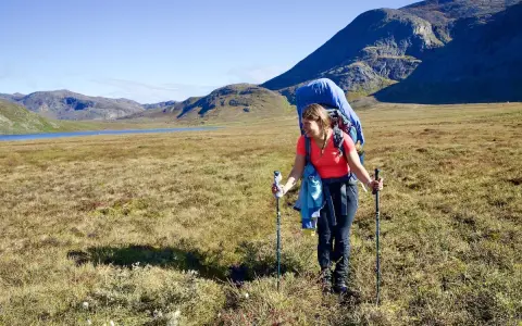 Frau wandert mit großem Rucksack und Stöcken über einen grasbewachsenen Hügel. Im Hintergrund ein See und Berge. Ein Abenteuer auf dem Arctic Circle Trail.