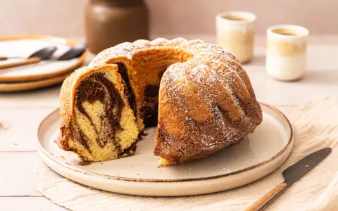 Ein saftiger Marmorkuchen, bestäubt mit Puderzucker, wartet auf dem Teller. Perfekt für den Kaffeetisch.