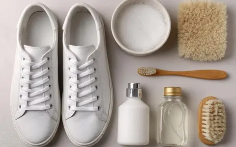 Un paio di scarpe da ginnastica bianche, spazzole, sapone e dentifricio per pulire la gomma bianca delle scarpe.