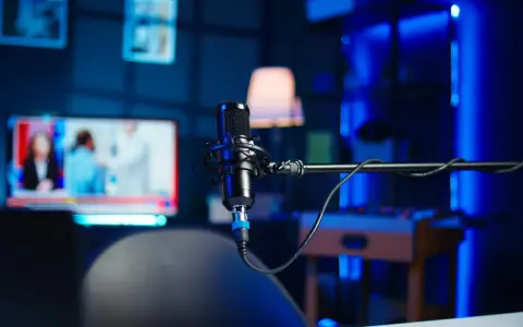 Profesjonalne studio do nagrywania z mikrofonem w centrum. W tle widać ekran telewizora z wiadomościami i niebieskie oświetlenie.