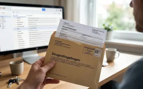 Mann hält Zeugenfragebogen für Blitzer in der Hand. Ein Briefumschlag mit dem Aufdruck "Zeugenfragebogen" liegt auf einem Schreibtisch.