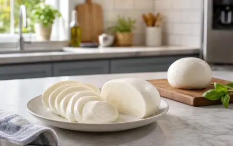 Frischer Mozzarella, angeschnitten und als Kugel auf einem Brett. Ja, kann man Mozzarella einfrieren, um ihn länger haltbar zu machen.