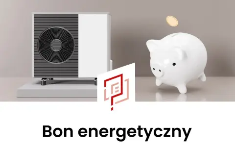 Pompa ciepła i skarbonka z monetami symbolizują oszczędności. Bon energetyczny 2026 pomoże Ci zadbać o domowy budżet.