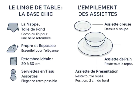 L'art de la table en France : conseils pour la nappe, les serviettes et l'empilement des assiettes pour une présentation élégante.