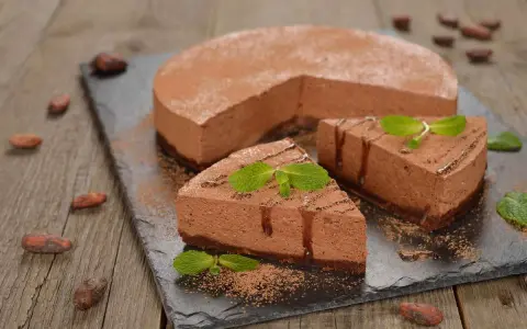 Deliziosa bavarese al cioccolato, spolverata di cacao e decorata con menta fresca. Due fette sono già pronte per essere gustate.