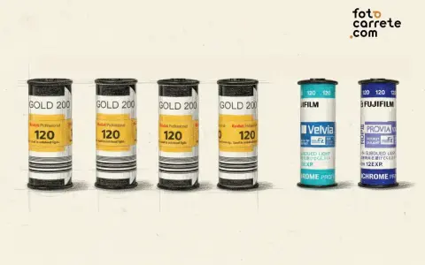 Seis carretes de película fotográfica: tres Kodak Gold 200, dos Fujifilm Velvia y Provia. Cada uno indica 120 y cuántas fotos tiene un carrete.