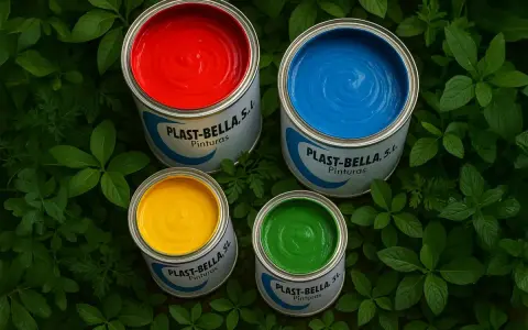 Latas de pintura para pintar plástico en rojo, azul, amarillo y verde, rodeadas de hojas verdes.