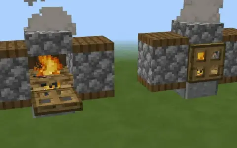 Un ahumador Minecraft con fuego y humo. A la derecha, una puerta con compartimentos para cocinar.
