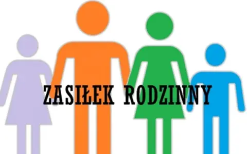 Kolorowe sylwetki rodziny z napisem "ZASIŁEK RODZINNY".