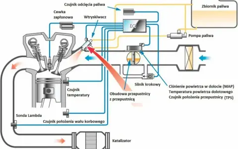 Schemat silnika z wtryskiem wielopunktowym: paliwo z pompy trafia do wtryskiwacza, który rozpyla je do cylindra. ECU steruje pracą silnika.