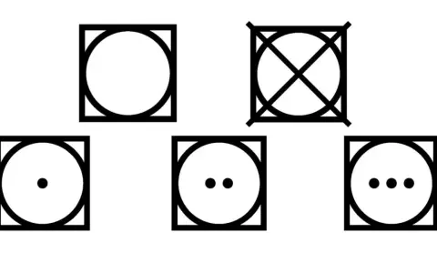 Fünf Piktogramme für den Wäschetrockner: Kreis im Quadrat (Trocknen), durchgestrichener Kreis im Quadrat (Nicht trocknen), Kreis mit einem Punkt (niedrige Temperatur), zwei Punkte (mittlere Temperatur), drei Punkte (hohe Temperatur).