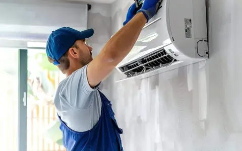 Technicien en bleu ajustant un évaporateur clim mural.