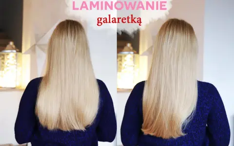 Efekt lśniących włosów po laminowaniu galaretką. Dwa ujęcia tej samej blond fryzury, porównanie przed i po zabiegu.