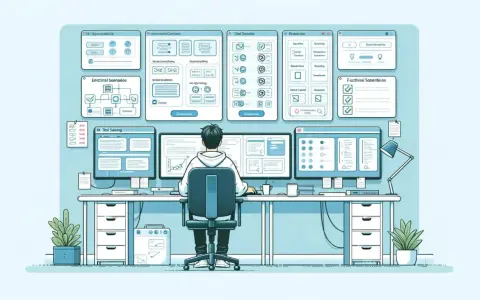 Programista pracuje nad test scenario, analizując dane na wielu monitorach.