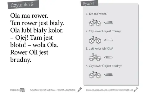 Ćwiczenie do nauki czytania ze zrozumieniem: tekst o Oli i jej rowerze, pytania sprawdzające zrozumienie, obrazki rowerów.