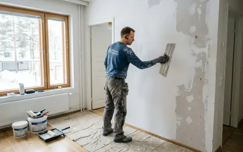 Man spacklar en vägg med spackel och bredspackel. Verktyg och spackelburkar står på golvet.