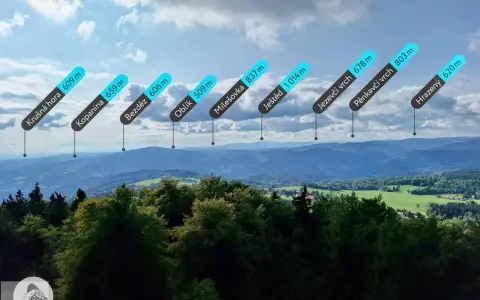 Widok na pasmo górskie, gdzie widać szczyty takie jak Ještěd i Pěnkavčí vrch. Góry Izerskie szczyty w pełnej krasie.