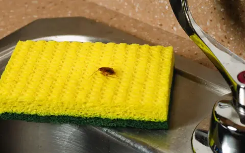 Una cucaracha sobre una esponja amarilla en un fregadero. ¿Buscas cómo matar cucarachas?