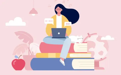Ragazza studia online con laptop, circondata da libri, un gatto e un globo. Capire mooc cosa sono è facile con questo apprendimento digitale.