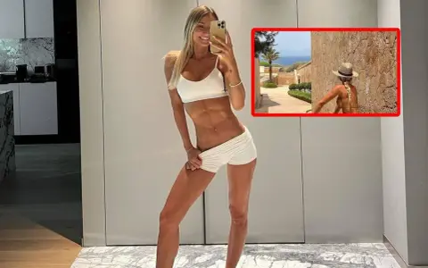 Agata Sieramska pozuje w białym sportowym komplecie, prezentując wyrzeźbiony brzuch. W małym kadrze widać ją w słomkowym kapeluszu na tle śródziemnomorskiego krajobrazu.