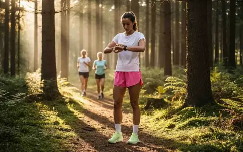 Frauen joggen im Wald und prüfen ihre Smartwatch, um zu sehen, wie oft sie in der Woche joggen.