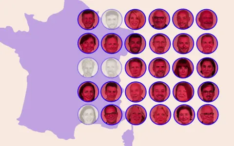Portraits de membres d'un groupe allemand connu en France, disposés sur une carte stylisée de la France.