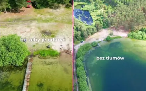 Dwa ujęcia Mazur: z lewej piaszczysta plaża i pomost, z prawej zielone jezioro, najczystsze jezioro na Mazurach, bez tłumów.