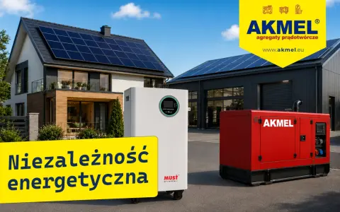 Dom z panelami słonecznymi, biały magazyn energii i czerwony agregat prądotwórczy AKMEL. Dowiedz się, jak wytworzyć prąd i osiągnąć niezależność energetyczną.