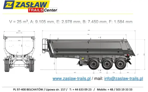 Rysunek techniczny naczepy ZASŁAW z wymiarami: V=25m³, A=9105mm, E=2978mm, B=7450mm, F=1584mm.