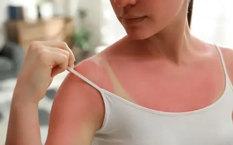 Épaule rouge vif, marquée par une cicatrice soleil due à un coup de soleil. La peau est irritée, témoignant d'une exposition excessive au soleil.