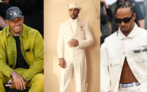 Lewis Hamilton showcases his bold Lewis Hamilton fashion sense in three distinct looks: a vibrant lime green outfit, a sharp cream suit with a beret, and a casual cream jacket with sunglasses.