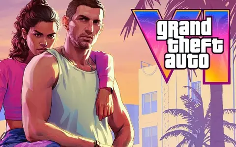 Pareja posando frente al logo de Grand Theft Auto VI, con palmeras y edificios de estilo Miami al atardecer.