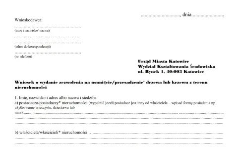 Formularz wniosku o zezwolenie na usunięcie drzewa/krzewu. Sekcja "jak umotywować wniosek o wycięcie drzewa" jest kluczowa.