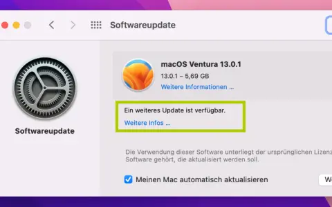 macOS Ventura Softwareupdate zeigt an, dass ein weiteres Update verfügbar ist.