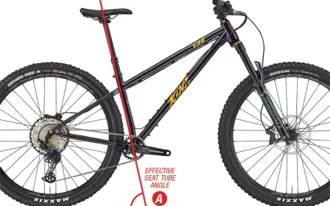 Diagram showing a purple Kona MTB, highlighting the effective seat tube angle with a red line and arc labeled "A".