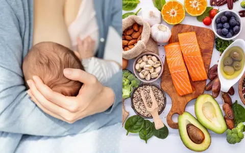 Nutricionista embarazo: lactancia y alimentos saludables como salmón, aguacate, frutos secos y verduras.