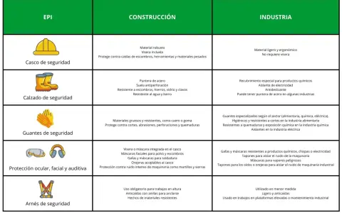 Tabla comparativa de equipos de protección individual (EPI) para construcción e industria: cascos, calzado, guantes, protección ocular/auditiva y arneses.