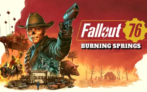 Un hombre con sombrero de vaquero apunta un arma. Escena de acción de Fallout 76: Burning Springs, con mutantes, un jabalí y un pueblo en llamas. ¡Excelentes consejos para sobrevivir!