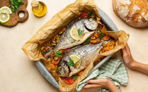 Due agoni in carpione cotti al forno con pomodorini, olive e limone, pronti per essere gustati.