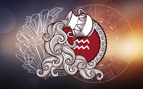 Symbol Wodnika, czyli rak jaki to znak zodiaku, w otoczeniu kryształów i koła zodiaku.