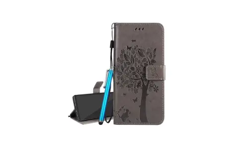 Szare etui na telefon Motorola E6S z motywem drzewa i motyli. W zestawie niebieski rysik.