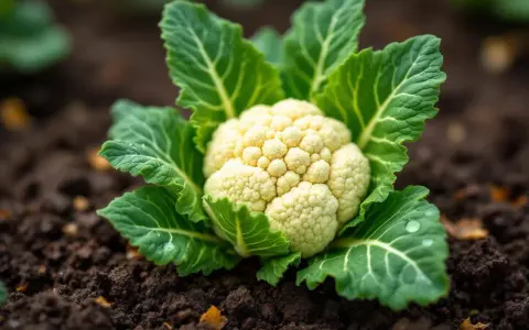 Un chou-fleur blanc et frais, prêt à être récolté, pousse dans la terre. La saison du chou-fleur est là !