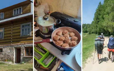 Drewniany dom, smażone kotlety i grupa turystów na szlaku. To wszystko tworzy obraz przytulnego schroniska turystycznego.