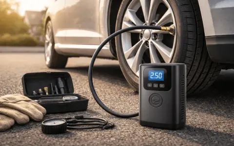 Gonfleur de pneu de voiture, manomètre, gants et kit d'embouts sur le sol, près d'une roue de voiture.