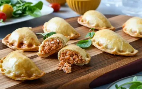 Empanadillas caseras doradas y crujientes, una rellena muestra su sabroso interior. Perfectas para compartir.