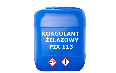 Niebieski kanister z białym napisem "KOAGULANT ŻELAZOWY PIX 113" i symbolami ostrzegawczymi.